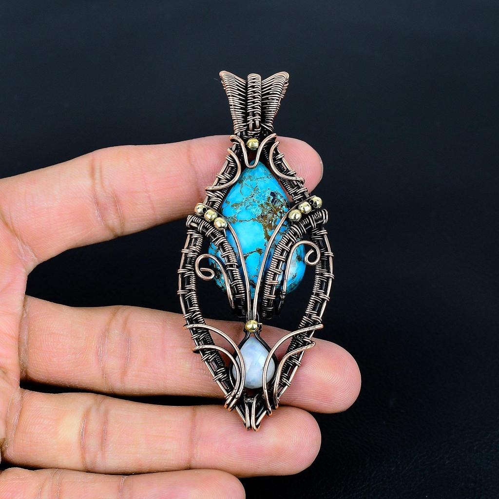 Turquoise & Moonstone Pendant, Gemstone  999 Copper Wire Wrapped Jewelry Pendant, Handmade Jewelry Birthstone Pendant, Gift For Him