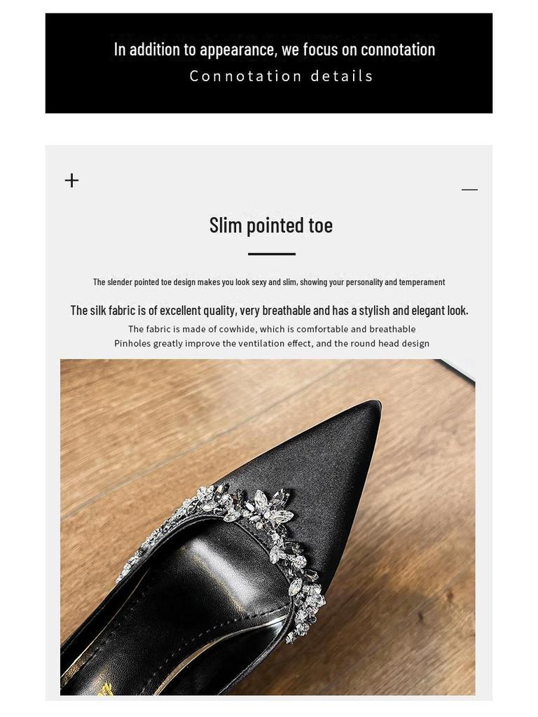 2025-ös szatén tűsarkú cipő: Elegáns hegyes orr strasszokkal, francia ihletésű, tavaszra és őszre alkalmas