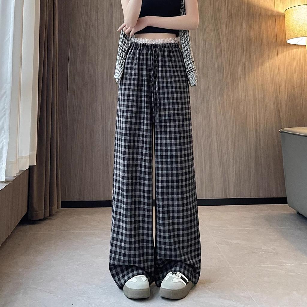 Korean Lace Plaid Casual Pants for Women In Summer Loose Wide-leg Pants for Slim High Waist Straight Floor Trousers