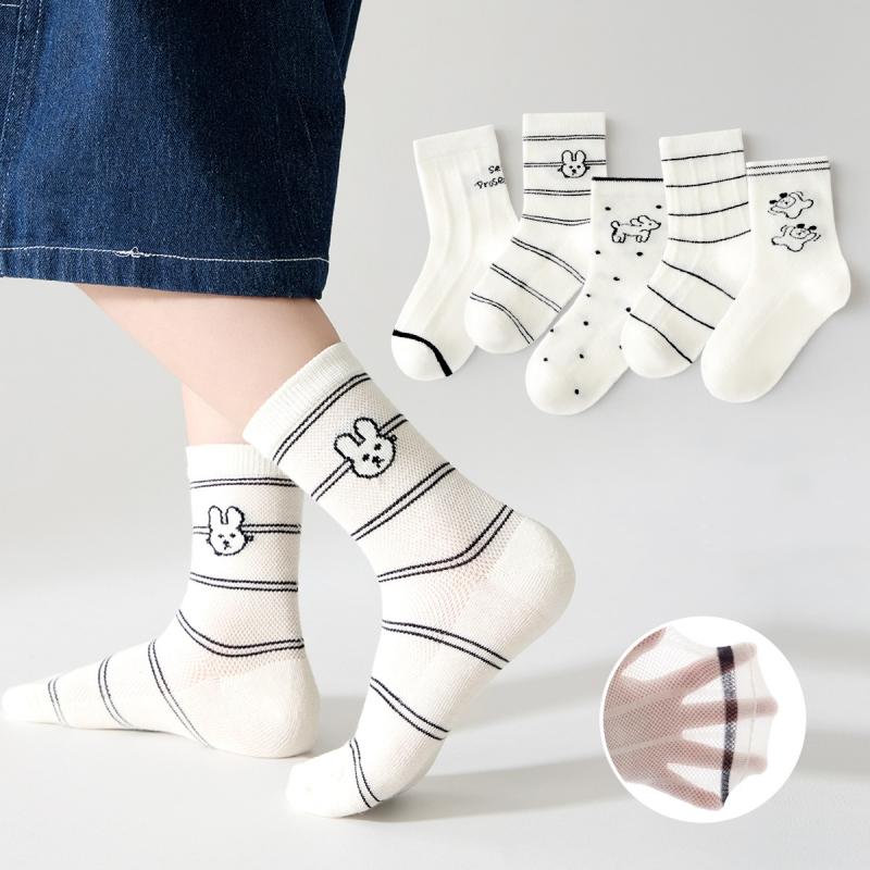 5pairs/set Children's Lovely Animal Boys Socks White Cute Dog Cotton Socks Cartoon Girls Spring Summer Striped Dog Sock