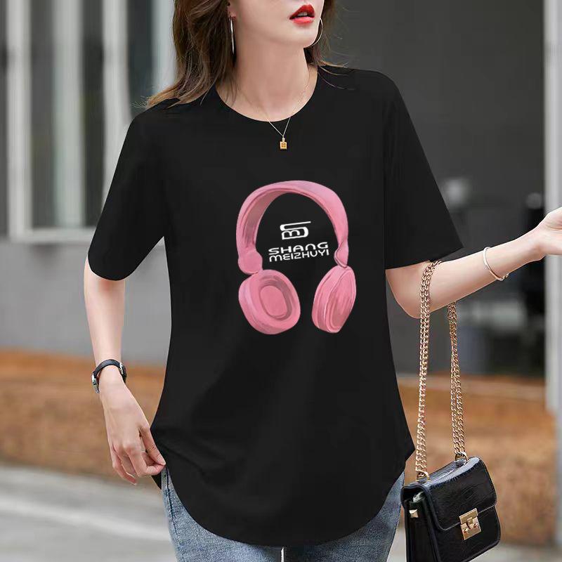 Loose White Cotton Round Neck Short-sleeved T-shirt for Women In Summer Curved Hem Slit Medium-length Style Covering Butt