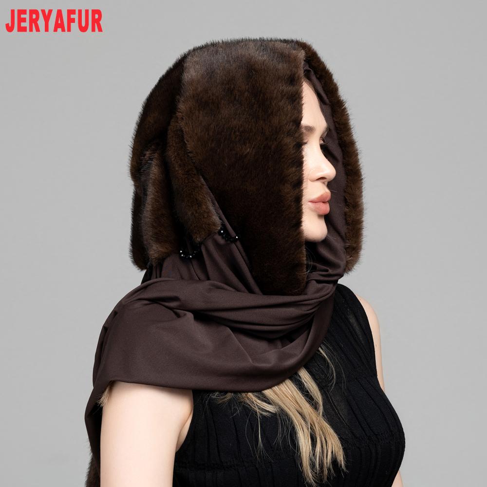JERYAFUR Women Faux Fur Hooded Scarf, 2‑in‑1 Warm Plush Hat Scarf Combo for Cold Winter Daily Outdoor Wear