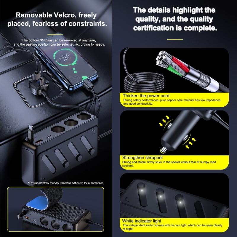 Strong ABS Construction 3 Socket Car Chargers Adapter 187W Featuring PD45W 3.0 Fast Charging and Independent Switches