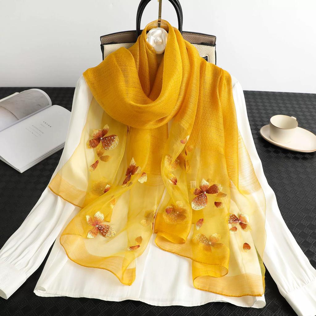 Floral Embroidered Silk Scarf Springautumn Thin Mulberry Silk Scarf Elegant And Decorative Shawl