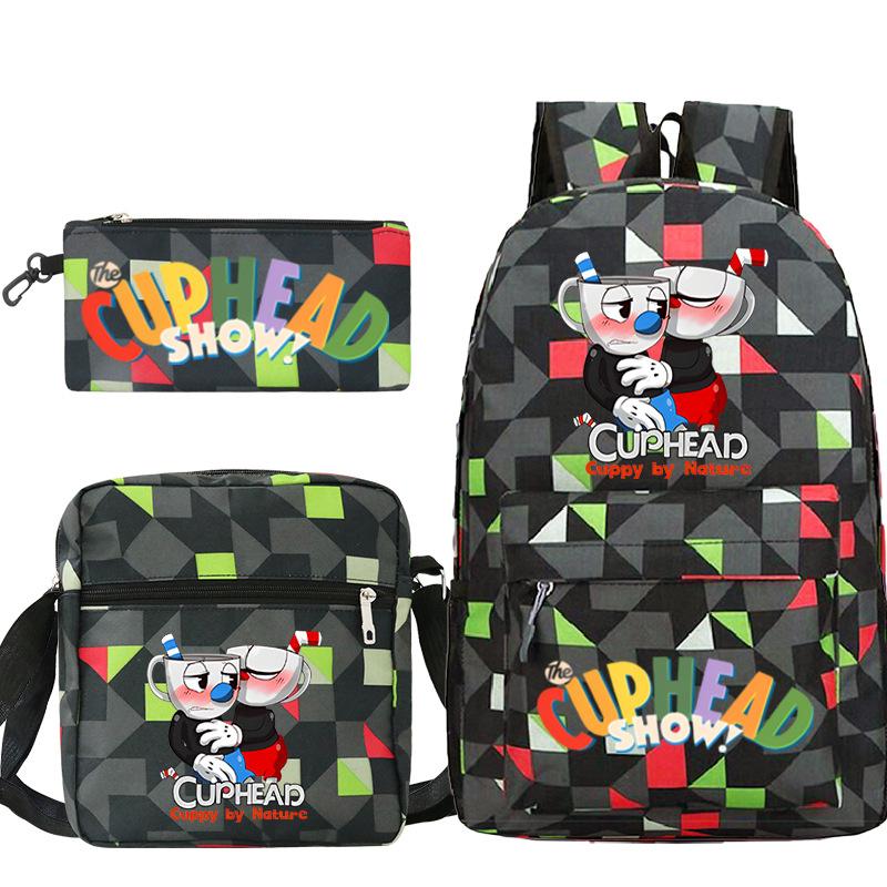 Cartoon Teacup Head Cuphead Student School Bag Backpack Three-piece Set Children's Shoulder Bag Pencil Bag