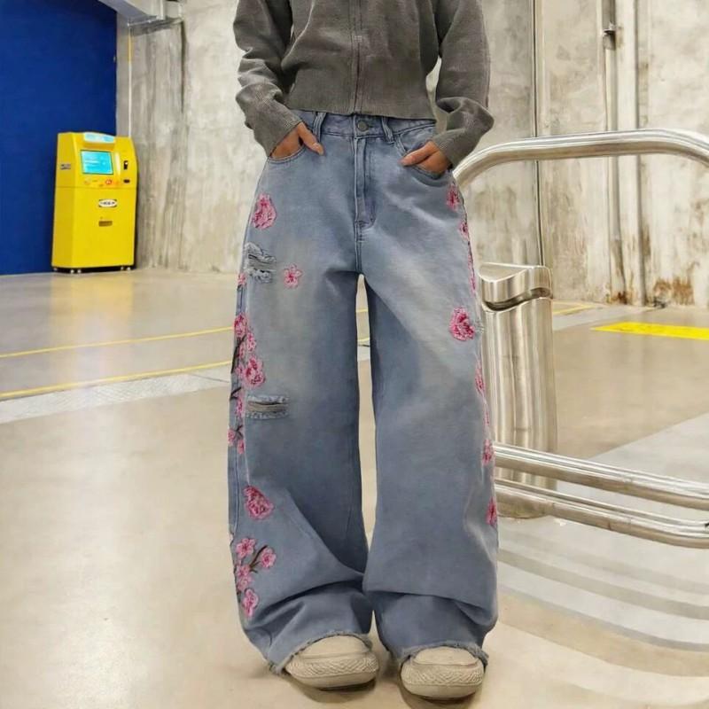 Dżinsy Damskie z Wysokim Stanem, Proste Nogawki, Luźny Krój, Haftowane, Styl Streetwear, Bawełna Bez Rozciągliwości