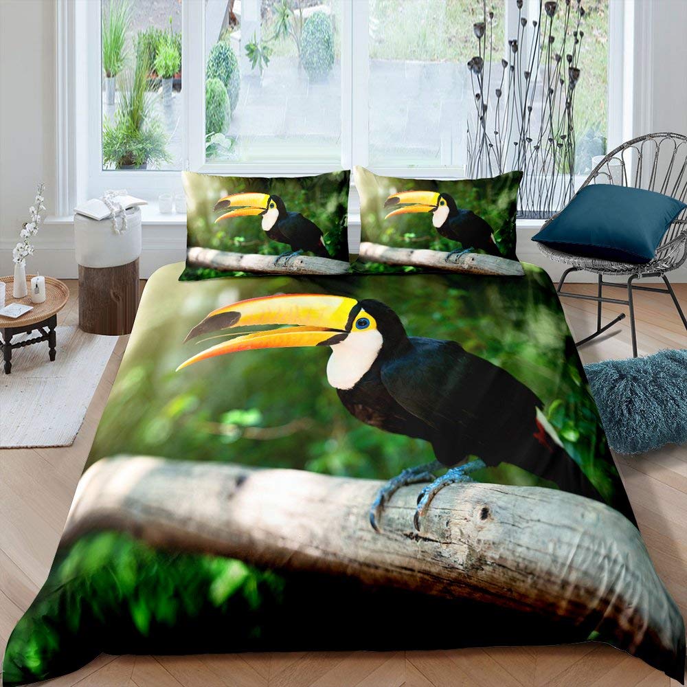 3D Toucan King Queen Duvet Cover Safari Animals Bedding Set Tropical Jungle Birds Quilt Cover Fresh Nature Green Comforter Cover