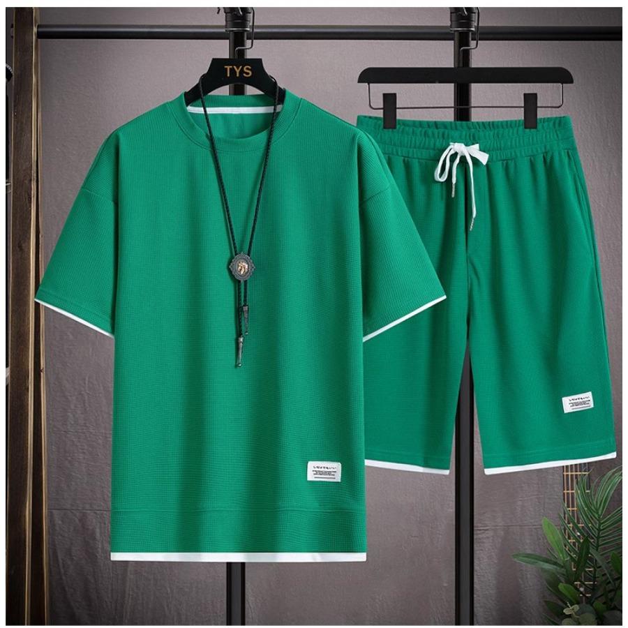 Waffle Short Sleeve Summer Casual Sports Men's Round Neck Sweatshirt Set Men T-shirt Shorts Two-piece Sets Male