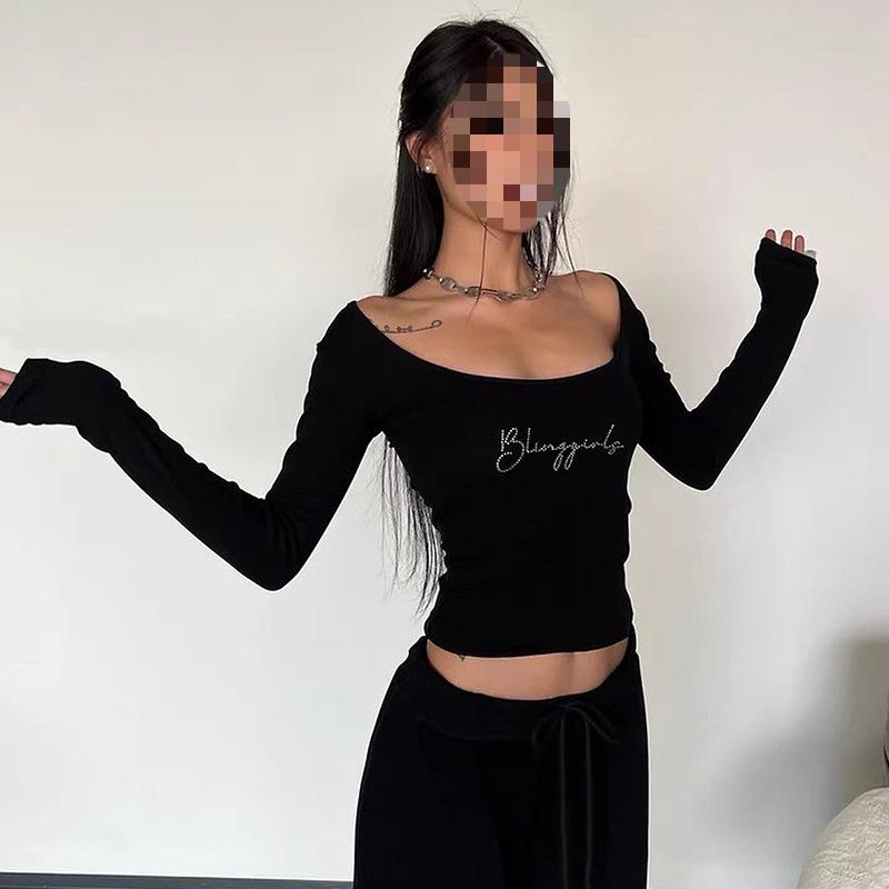 Y2K Retro Style Spicy Girl Letter Hot Diamond Low Neck Short Cut Exposed Navel Black Top for Women