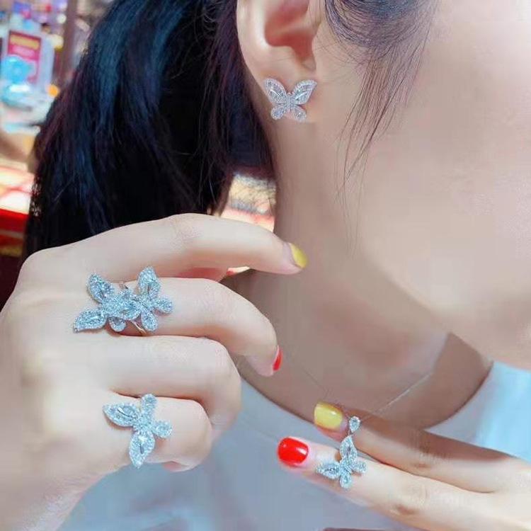 Fashion Fairy Full Diamond Pt950 Butterfly Pendant, Simulated Zircon Ring Stud Earrings Set