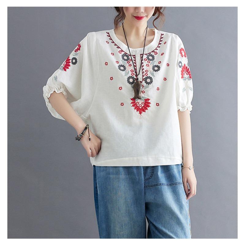 Letnia Nowość Styl Retro Literacki Luźna i Wszechstronna Etniczny Styl Bawełniana i Lniana Haftowana Koszula dla Kobiet