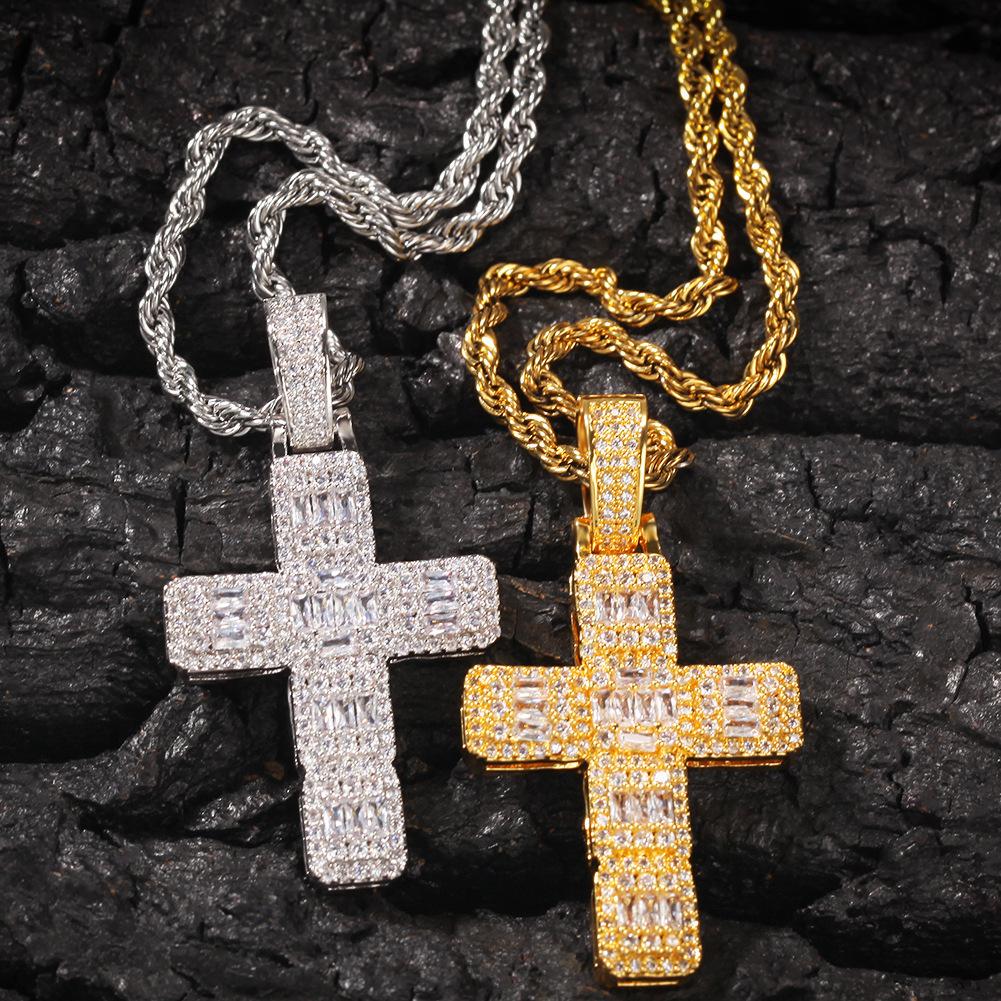 Hip Hop Classic Cross Necklace Hiphop Simple Square Zirconium Pendant Trendy Rap Jewelry