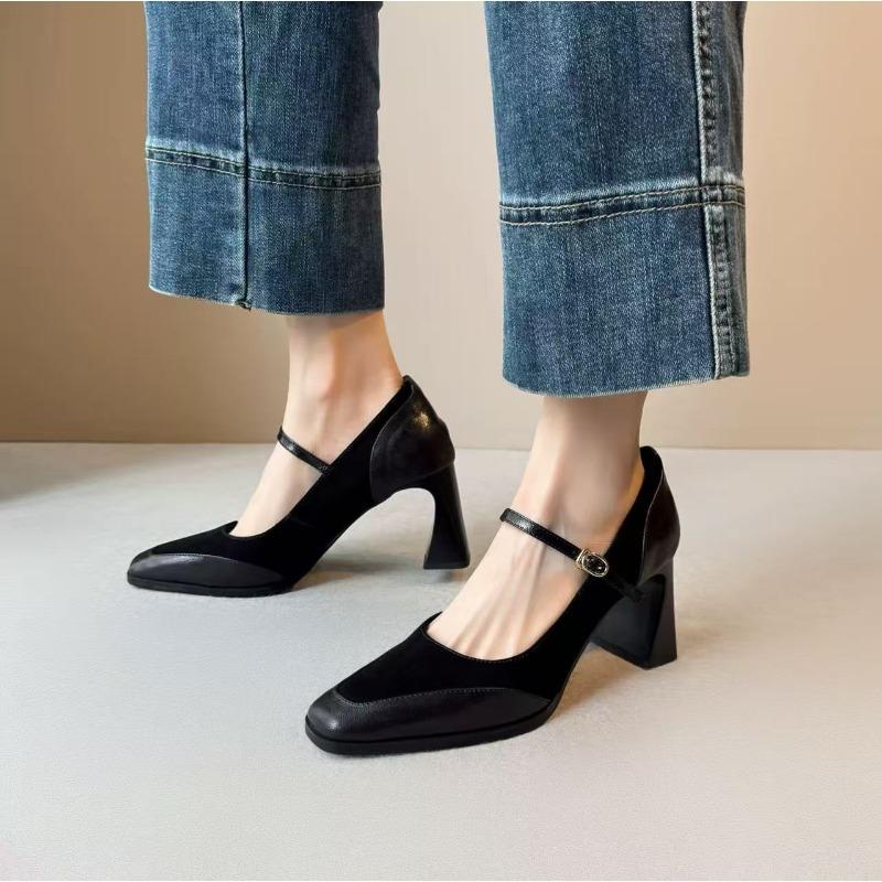

New Style Fashion French Style Women s Black Square Toe Chunky Heel Thick Sole Buckle Slip-On Pumps Vintage Sandals for Ladies 42 чёрный