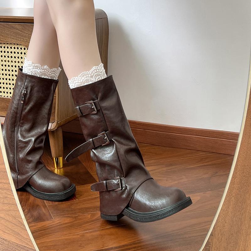 Wasteland wind belt buckle stacking boots new old retro western cowboy boots pleated medium boots