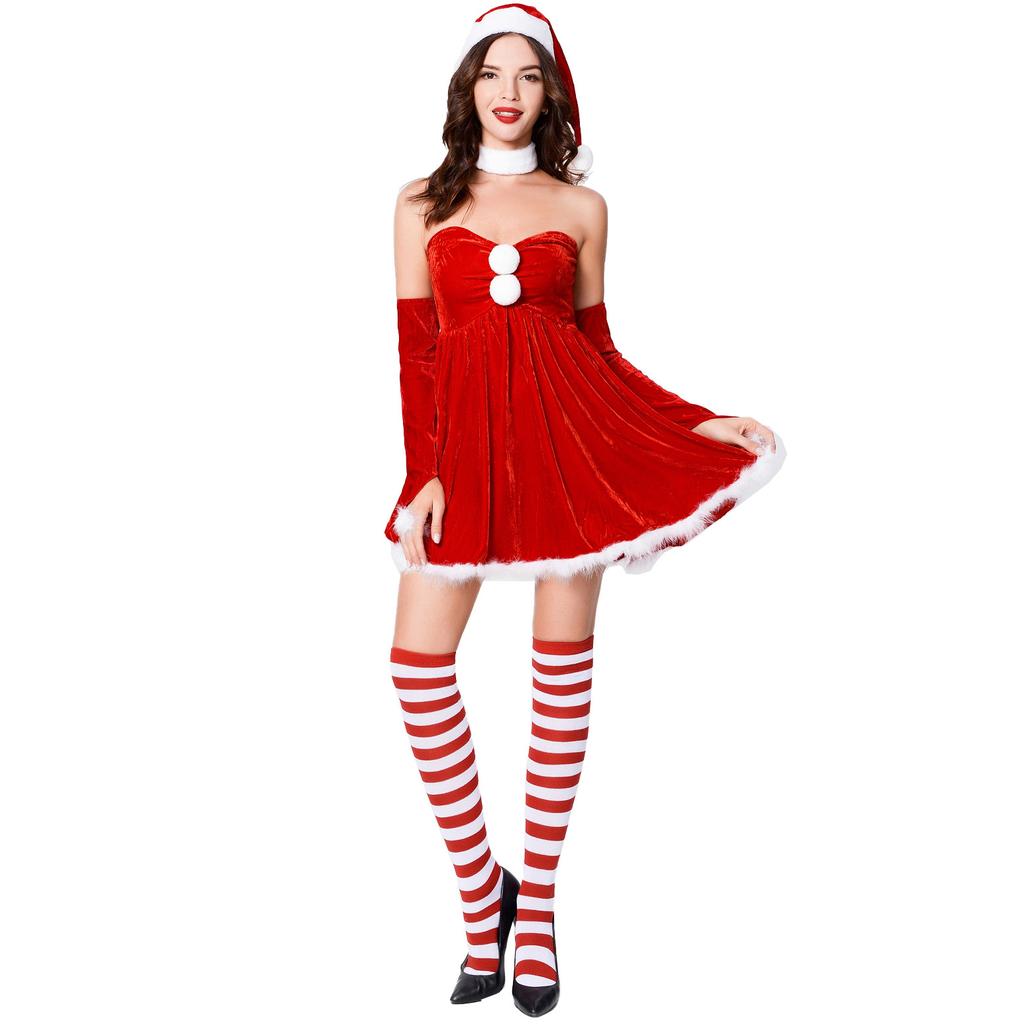 Japanese and Korean Performances Christmas Dress Christmas Hat Set, Sexy Christmas Clothing, Chest Wrapping Women's Christmas Clothing Christmas