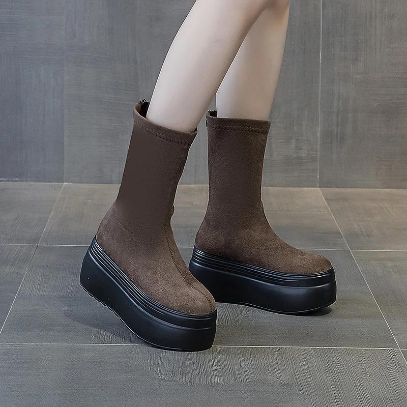 

8cm Microfiber Leather Platform Wedges Winter Autumn Shoes Plush Knee High Boots Woman Plush Modern Hidden Heel Fashion 33