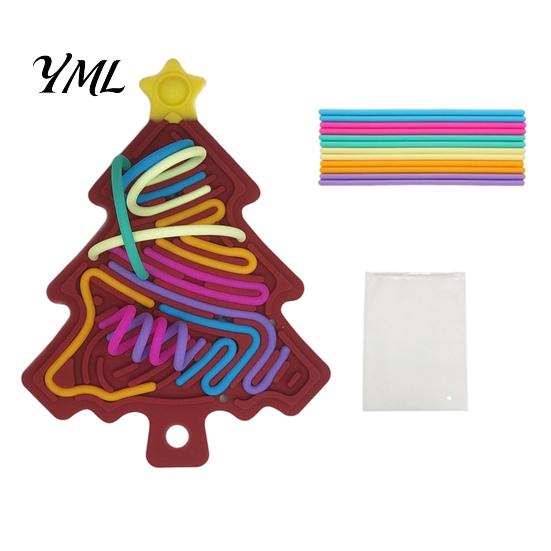 Toddlers Sensory Toys Silicone Activity Board, Christmas Tree Rainbow Ice Stick French Fries Stress Relief Tools Board with Strings, Silent Fidget Toy