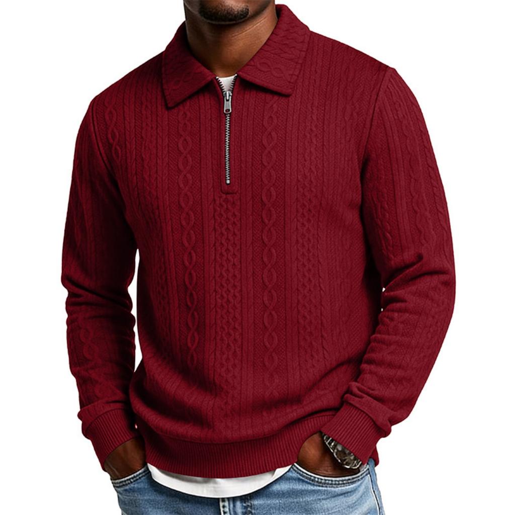Men's Long Sleeve Jacquard Polo Shirt Half Zipper Collar Knit Sweater Pullover Casual Pullover Top
