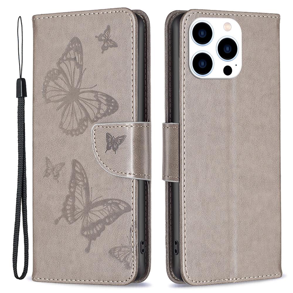 

Для iPhone 16 Pro Чехол с рисунком бабочки, кожаный чехол для телефона с ремешком на запястье Grey