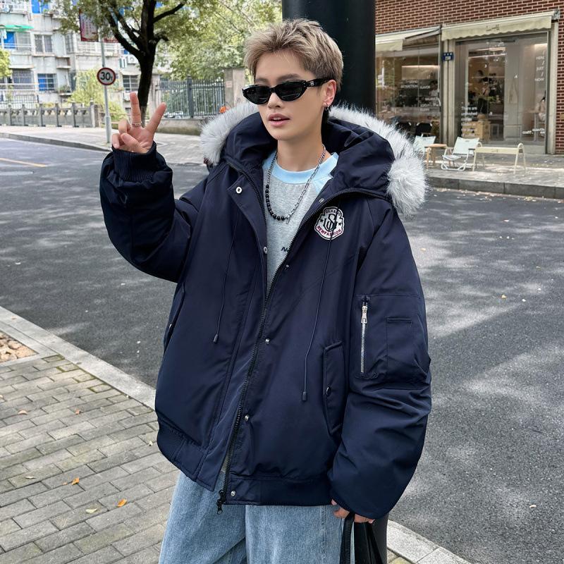 

Hooded fur collar men and women couple cotton clothes women s winter thickened warm retro short men s tooling cotton-padded jacket tide S тёмно-синий