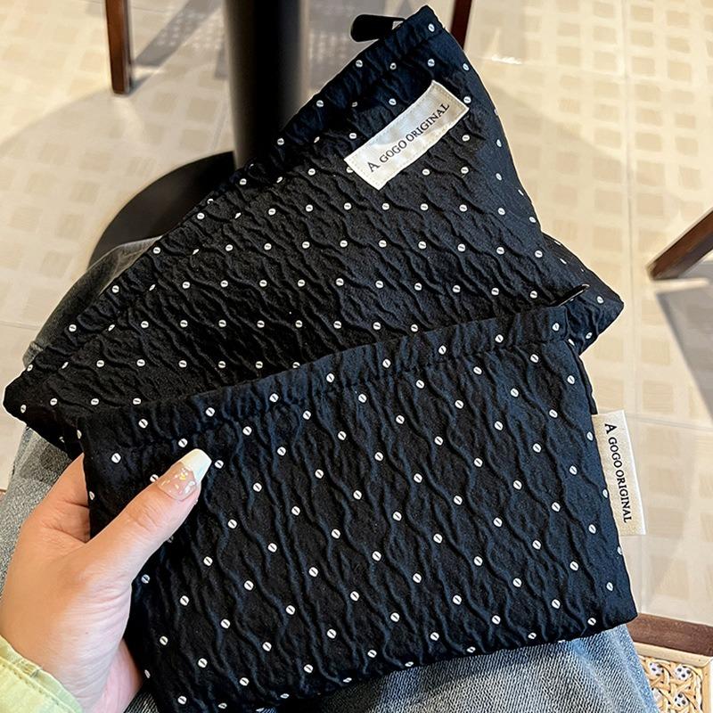 Black Polka Dot Cosmetic Bag With Pearl Handle Portable For Travel Skincare Storage