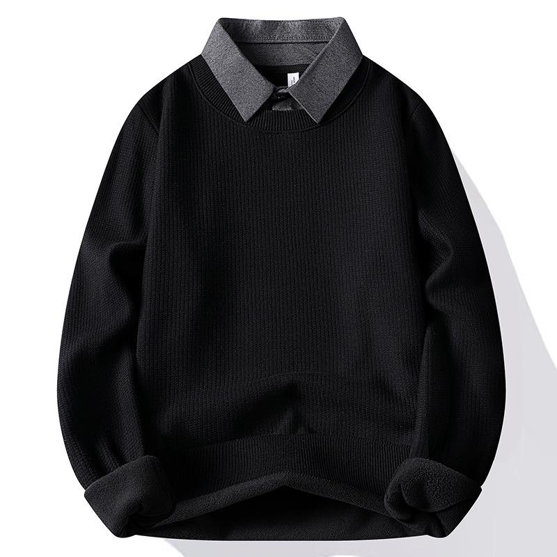 Mens Fleece Lined Waffle Knit Fake Two Piece Shirt Collar Pullover Sweatshirt