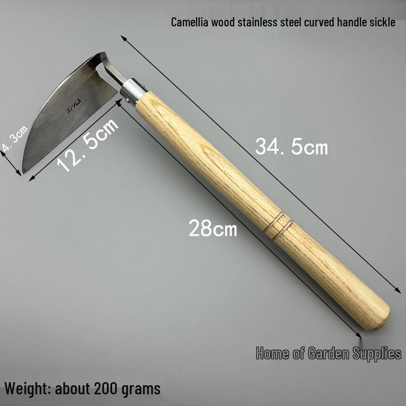 Camellia Wood Handle Japanese Stainless Steel Elbow Hoe and Sickle for Weeding and Cutting Vegetables. No