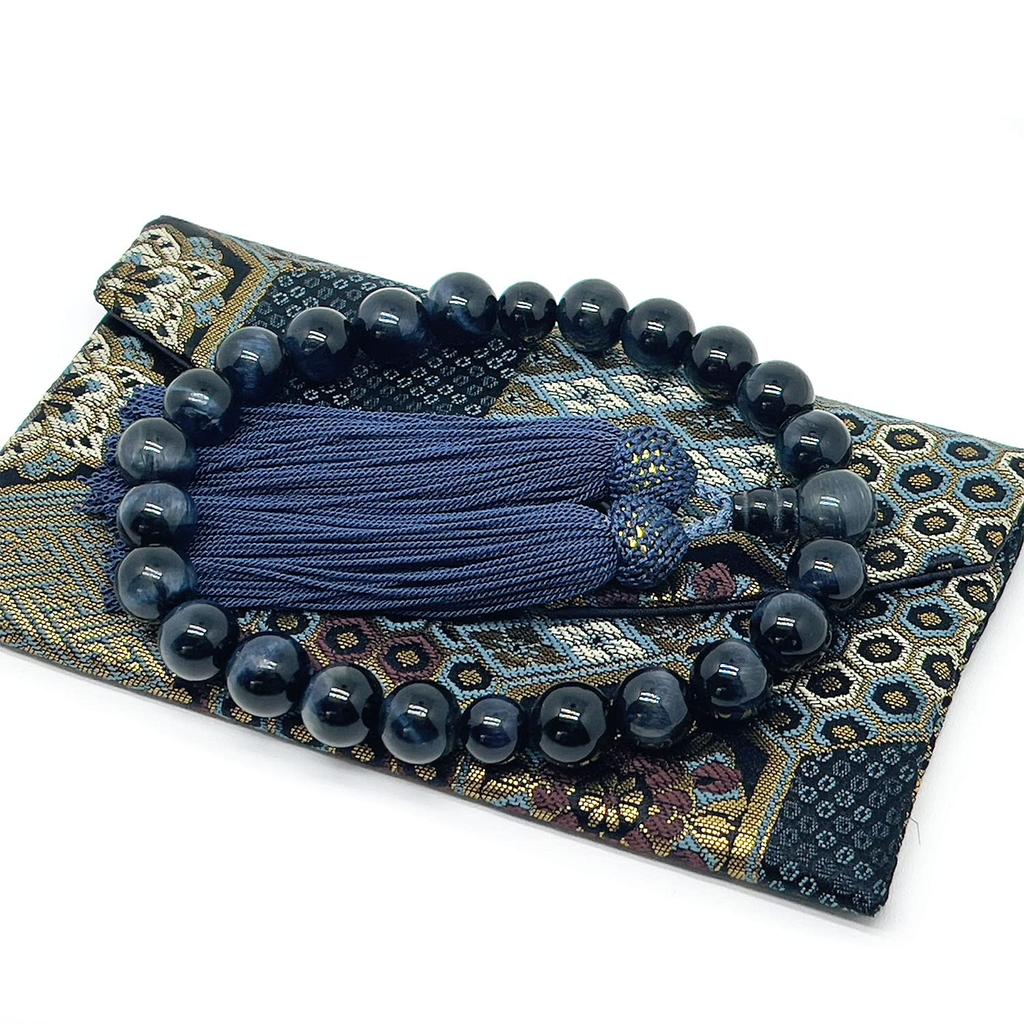 Eizen Nenjuya Prayer Beads for Blue Tiger Eye Stone Prayer Bead Bag Can Be Used by All Prayer Handmade Torame Men, [Nishijin Textile, Included] Sects,