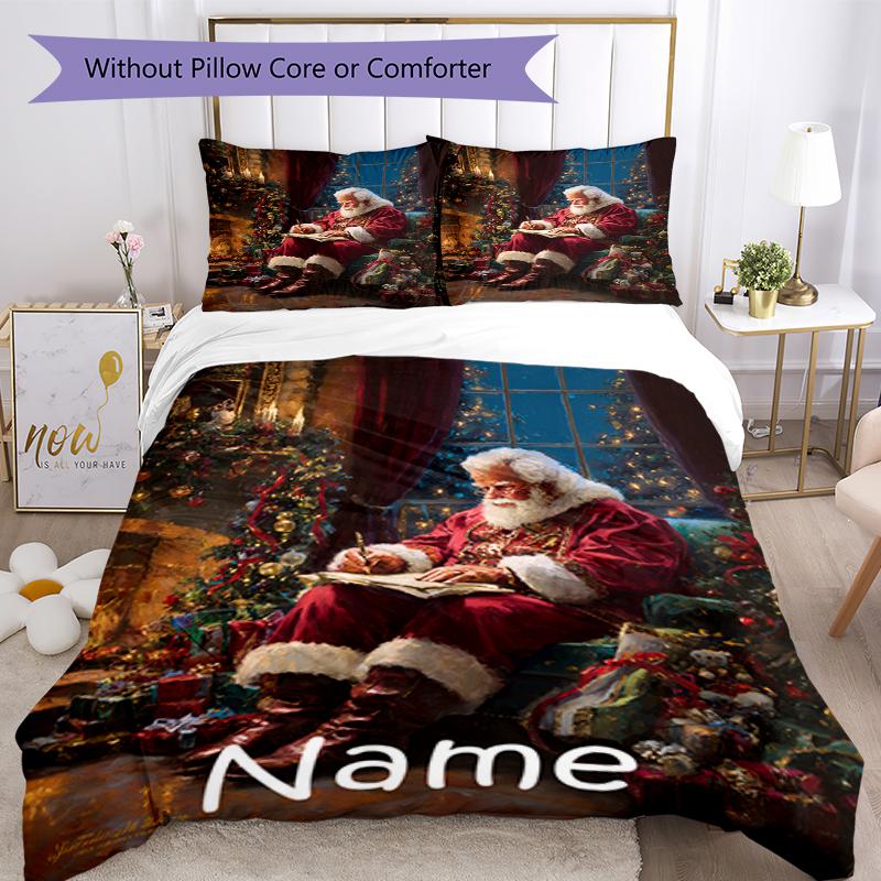 3pcs Custom Name Christmas Santa Claus Bedding Set Duvet Cover Closure Includes 1 Duvet Cover & 2 Pillowcases, Soft and Comfortable for All Seasons.