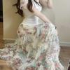 Reinforcement Nail Pearl Patchwork Printed Mesh Cake Dress Half Skirt for Girls New Hollow Out Long Dress
