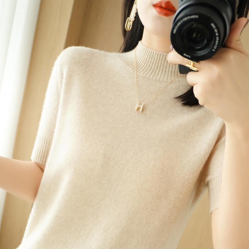 Spring and Summer Women's New Loose Half Turtleneck Mid-sleeve Short Pullover Solid Color Bottoming Sweater T-shirt