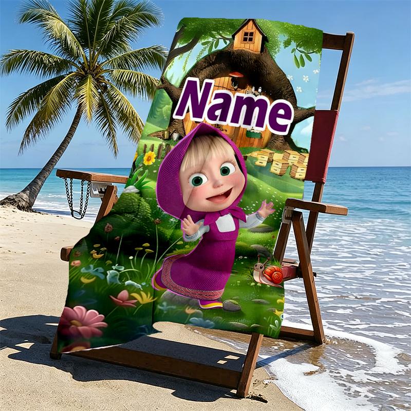 Custom Name Personalized Masha and The Bear Print Beach Towel, for Trip Camping Beach Party Home Decor, Birthday Gift for Family & Friends