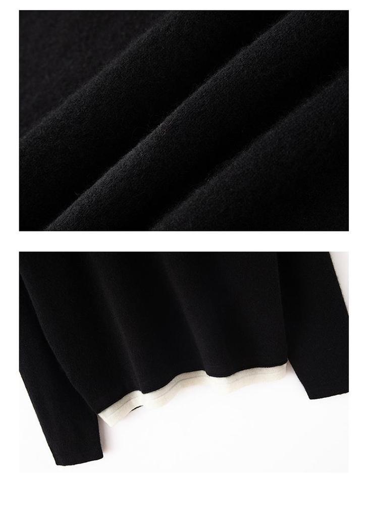 Women's Versatile Autumn V-Neck Color Block Cashmere Knit Sweater - Faux Two-Piece Loose Top