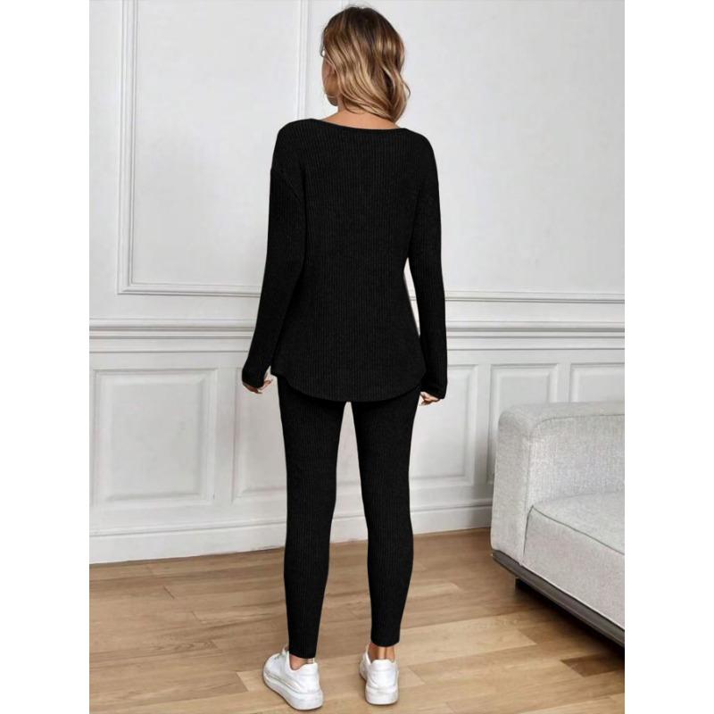 Women V Neck Long Sleeve Thin Casual Two Piece Loungewear Set With Long Pants