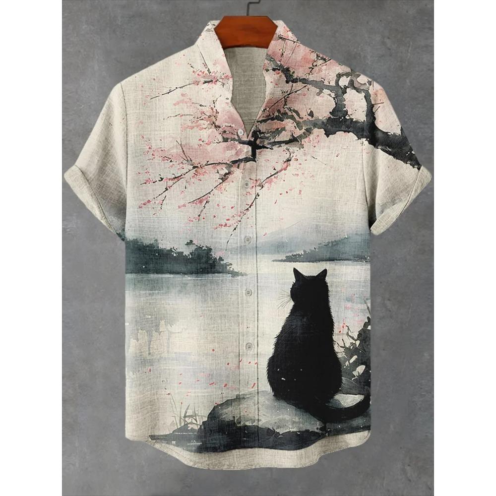 Animal Pattern, Fashion Trend, Street Outdoor, High-Quality And Comfortable Linen Men's Short Sleeved Casual Shirt