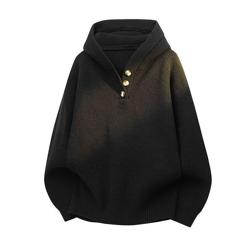 Men's Retro Loose-Fit Knitted Hoodie Sweater - Solid Color, Casual & Trendy for Autumn/Winter