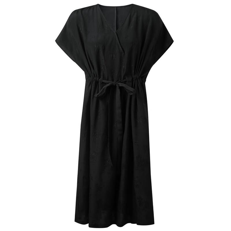 2025 Spring Mulberry Silk V-Neck Jacquard Drawstring Long Dress