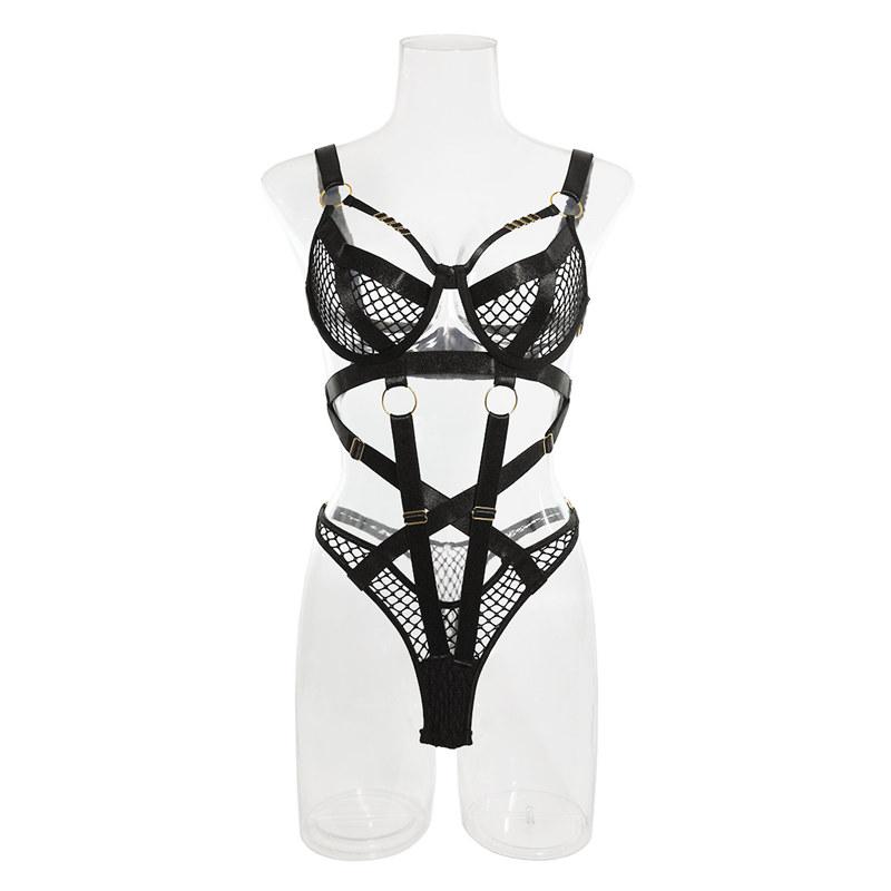Fishnet Hollowed Sexy Lingerie Perspective Nightclub Costume Splicing Jumpsuit Black Underwear Bra Thong Set GZW