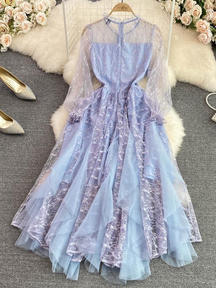 

Новое летнее женское модное тонкое кружевное платье с длинным рукавом с круглым вырезом и высокой талией, элегантное повседневное платье трапециевидной формы нерегулярной формы