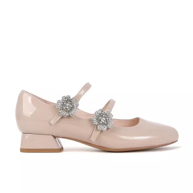 Cowhide Version~ Square Head Flower Rhinestone High-heeled Single Shoes Thick-heeled Mary Jane Shoes Women's Wedding Shoes