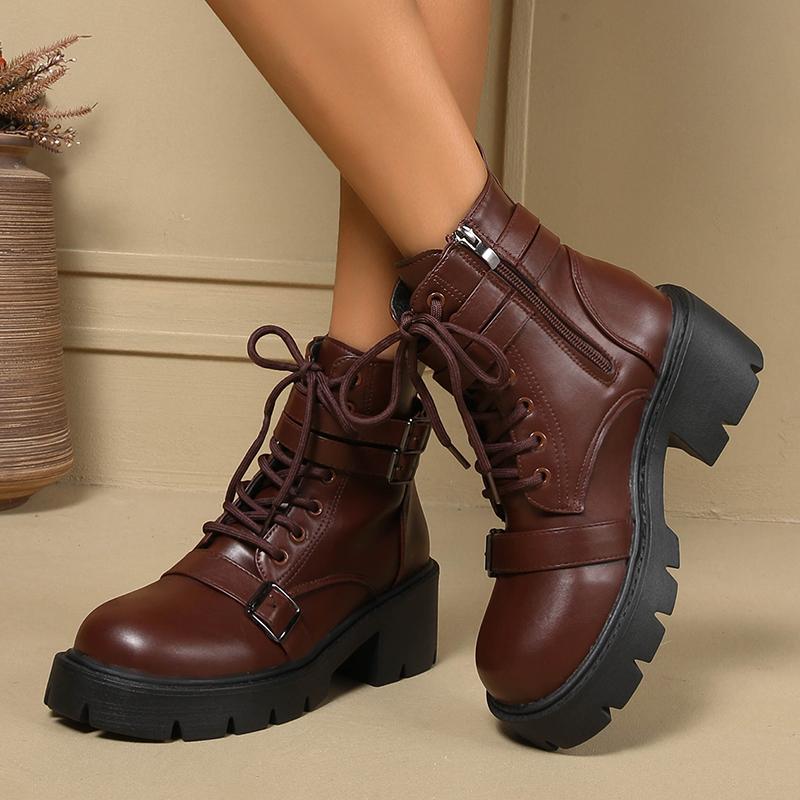 Fashion Chunky Platform Combat Boots for Women Fashion Buckle Strap Thick Heel Ankle Boots Woman Autumn Winter Black PU Leather Booties