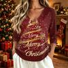Women's Casual Christmas Print V-Neck Three-Quarter Sleeve T-Shirt Top