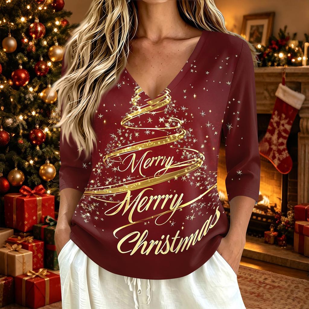 Women's Casual Christmas Print V-Neck Three-Quarter Sleeve T-Shirt Top