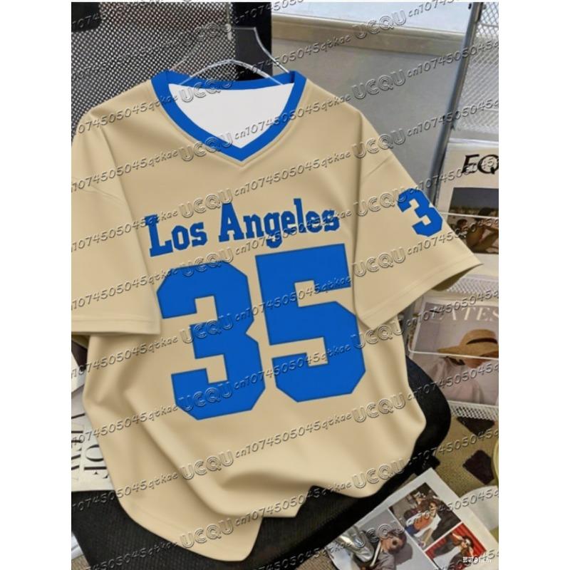 Sommer Modisch NR.35 Print Los Angeles V-Ausschnitt Damen Basic T-Shirt Locker und Bequem Kurzarm T-Shirt Tops Tee