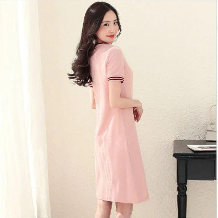 Summer Embroidered Short Sleeve Polo Collar Dress - Women's Loose Plus Size A-line Mid Skirt, College Style Color Block Design