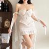 Vintage Lace Strapless Pearl Bustier Top & Asymmetrical Ruffle High Waist Skirt Set, Elegant Sexy Two-Piece Outfit for Women