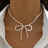 Women Fashion Retro Simple White Faux Pearl Bowknot Clavicle Necklace