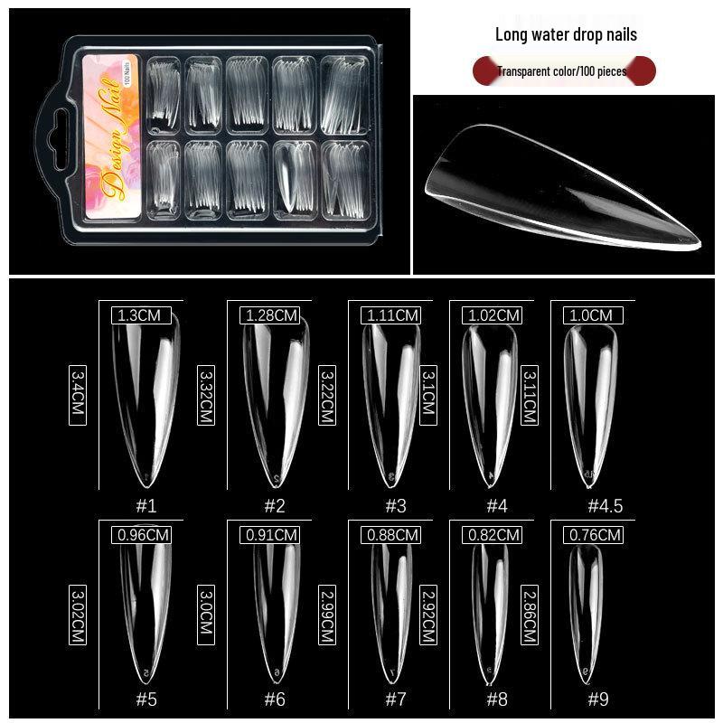 100-Piece Blister Box: Trapezoidal, Transparent Fake Nails - Full & Half Stick, Water Drop Designs