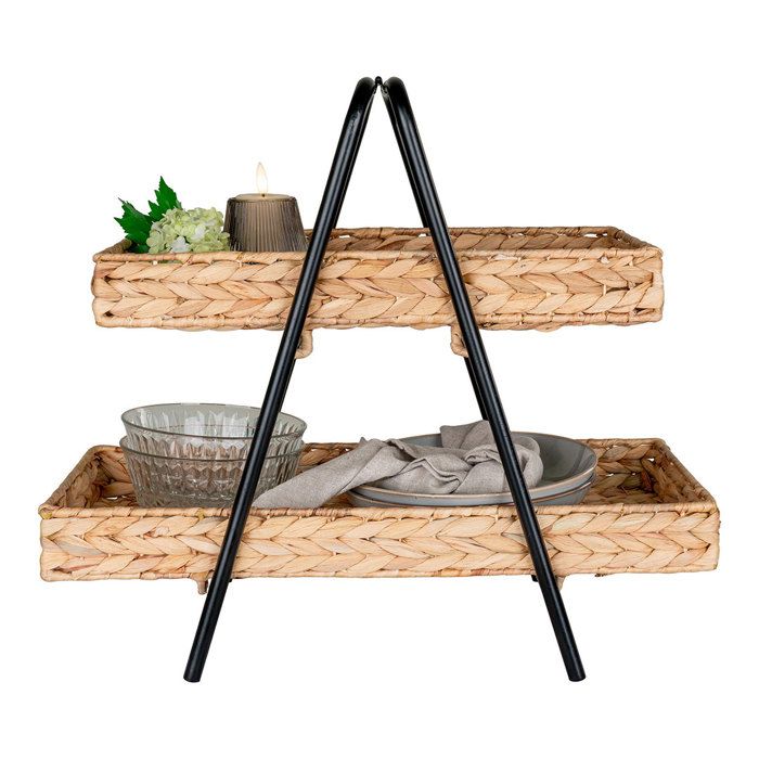 Plateau en jacinthe d'eau et métal noir et bois 42 x 23 x 43,5 cm
