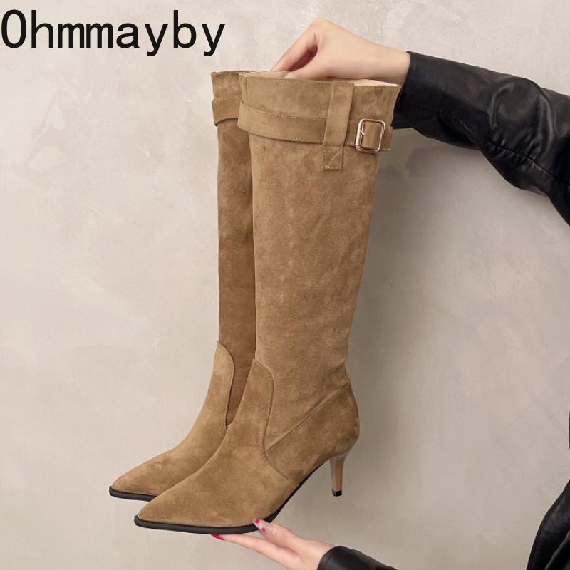 Winter Vintage Stretch Slim Women Knee High Boots Fashion Belt Buckle Pointed Toe Stripper Party Long Booties  De Mujes